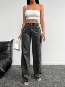 EURMUSE Women's Wide Leg Jeans With Rhinestone-decorated Slant Pockets - Dark Grey - View 4