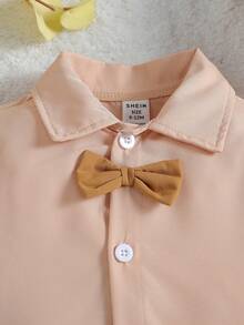 男嬰領結裝飾連身衣、西裝背心、褲子和帽子套裝 - 卡其色 - 查看 4