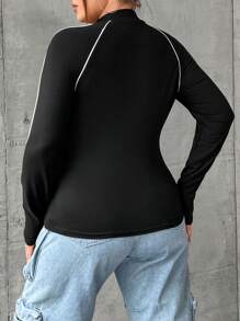 Flirla 加字母图案对比滚边立领 T 恤图案 T 恤女式上衣