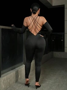 SHEIN SXY Criss Cross Backless Halter Neck Unitard Jumpsuit - Black - View 7