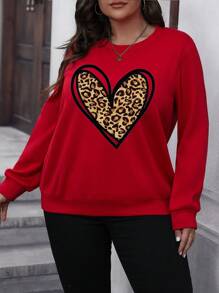 Flirla Hơn In trái tim & Da báo Vòng cổ Áo nỉ - Đỏ - Xem 4