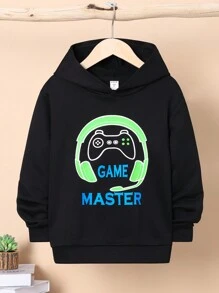 SHEIN Tween Boy Reflective Gamepad & Letter Graphic Hoodie - Black - View 4