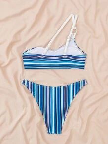 SHEIN Swim Random Stripe Pattern One Shoulder Bikini Set Summer - Multicolor - View 4