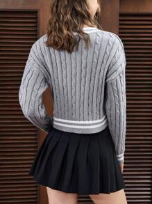 SHEIN EZwear 字母貼布條紋飾邊落肩袖麻花編織板球毛衣不帶襯衫 - 灰色 - 查看 2