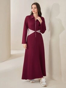 Mulvari 女用撞色拉鍊前門襟連身裙 - 紅色 - 查看 1