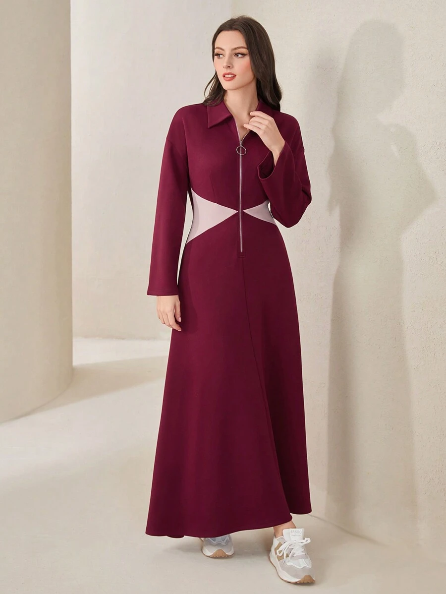 Mulvari 女用撞色拉鍊前門襟連身裙 - 紅色 - 查看 1