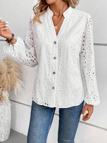 SHEIN VCAY Của phụ nữ Thêu Áo sơ mi Với Cổ áo có khía - trắng - Xem 3