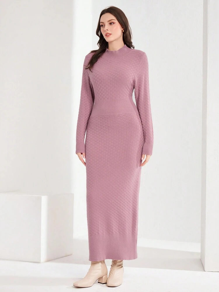 Mock Neck Textured Neck Sweater Dress
