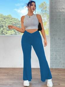 SHEIN ICON Plus Solid Flare Leg Pants - Royal Blue - View 3
