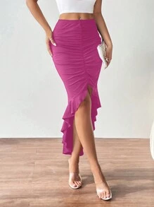 SHEIN Privé 褶邊荷葉邊不對稱下擺半身裙 - 玫紅色 - 查看 1