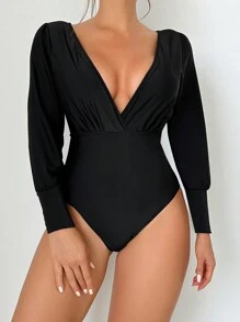SHEIN Swim Solid Plunging Neck One Piece Swimsuit - Black - View 1