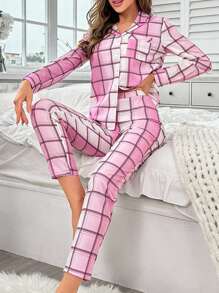 Plaid Print PJ Set / Pajama Set - Multicolor - View 1