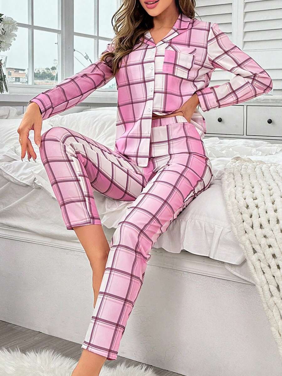 Plaid Print PJ Set / Pajama Set - Multicolor - View 1