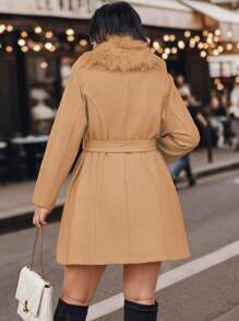 Celure Talla grande Abrigo de peluche cuello con cinturón - Caqui - Ver 2