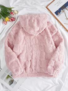 SHEIN EZwear Drop Shoulder Heart Graphic Zip Up Hooded Fleece Jacket - Pink - View 2