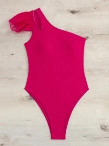 單肩荷葉邊連體泳衣 - 玫紅色 - 查看 7