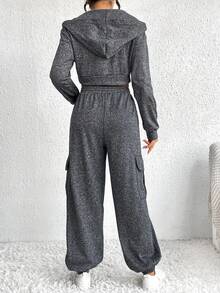 SHEIN Essnce Dây kéo Áo hoodie ngắn & Eo dây rút Quần thể thao - Xám - Xem 2
