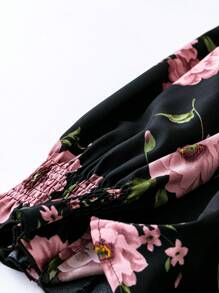 Plus Floral Print Flare Sleeve Blouse Fall Cloth For Women - Black - View 4