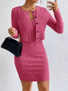 SHEIN Essnce Chất rắn Nút phía trước Áo khoác & Váy liền áo - Màu Hồng Tươi - Xem 1