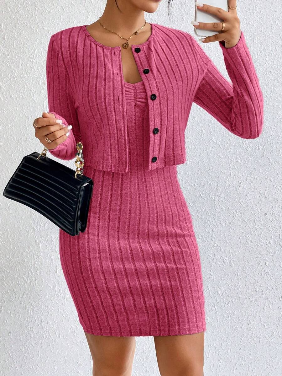 SHEIN Essnce Chất rắn Nút phía trước Áo khoác & Váy liền áo - Màu Hồng Tươi - Xem 1
