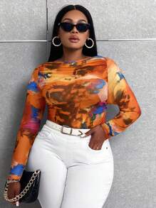 Maweii 大碼紮染褶邊網紗上衣 - 橘色 - 查看 1