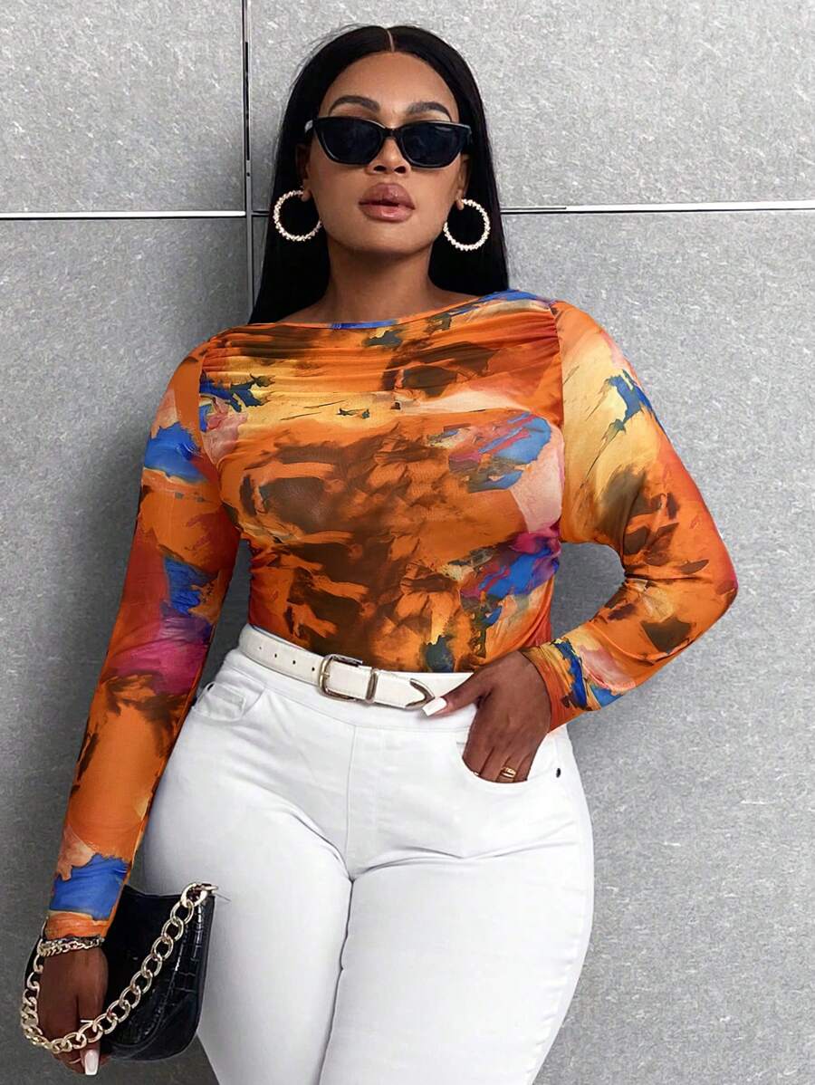 Maweii 大碼紮染褶邊網紗上衣 - 橘色 - 查看 1