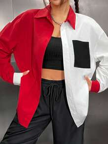 SHEIN EZwear 雙色落肩袖補丁貼口袋襯衫 - 彩色 - 查看 3