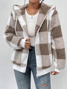 SHEIN Frenchy Plaid Teddy Fleece Hooded Jacket - Multicolor - View 4