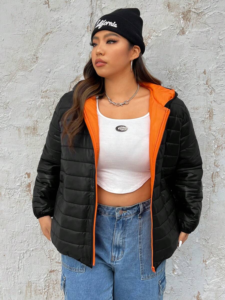 SHEIN EZwear Abrigo Con Capucha De Talla Grande Con Cremallera Y Acolchado - Multicolor - Ver 1