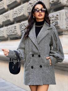 EURMUSE Herringbone Lantern Sleeve Woolen Coat - Multicolor - View 4