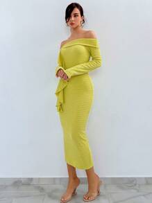 SHEIN Privé כתפיים חשופות שולי קפלים שמלה צמודה - ירוק - ראה 5
