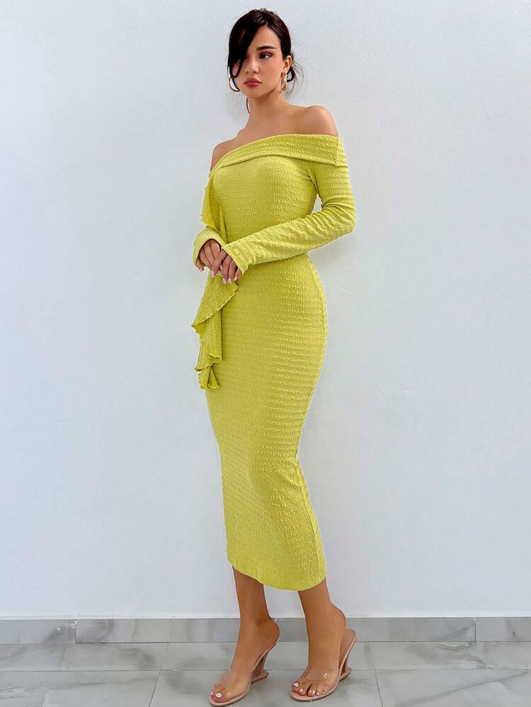 Off Shoulder Ruffle Trim Bodycon Dress