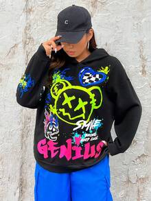 SHEIN EZwear 加大码卡通标语图案落肩卫衣 - 黑色 - 查看 4