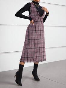 SHEIN Privé 格紋印花毛邊緣背帶洋裝不帶T恤 - 紅色 - 查看 5