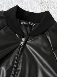 SHEIN EZwear Raglan Sleeve Zip Up Crop PU Bomber Padded Coat - Black - View 4