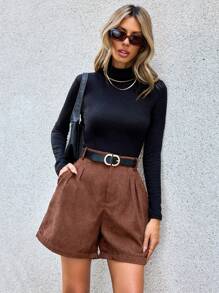 SHEIN Essnce 高腰拼接細節闊腿短褲 - 咖啡棕 - 查看 7