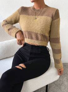 SHEIN Unity Two Tone Fuzzy Panel Pointelle Knit Crop Knit Pullover Fall Winter Sweater - Khaki - View 6