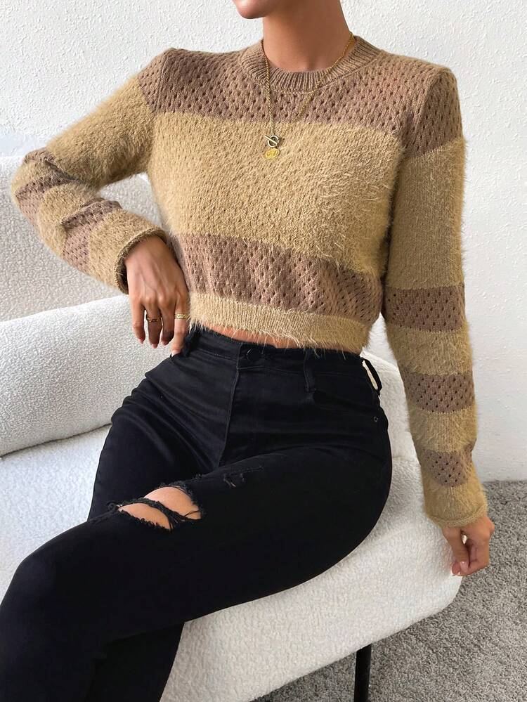 Two Tone Fuzzy Panel Pointelle Knit Crop Knit Pullover Fall Winter Sweater