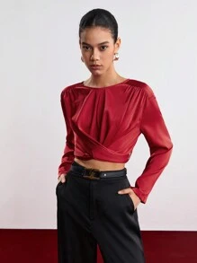 BizChic Quý cô Tay áo ngắn Áo sơ mi Với Đã thu thập Thiết kế - Đỏ - Xem 3