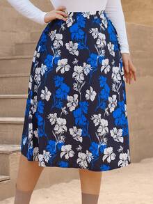 SHEIN VCAY Plus Floral Print Elastic Waist Skirt - Multicolor - View 3