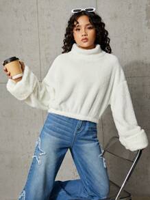 SHEIN Teen Girl Mock Neck Drop Shoulder Teddy Pullover - White - View 5