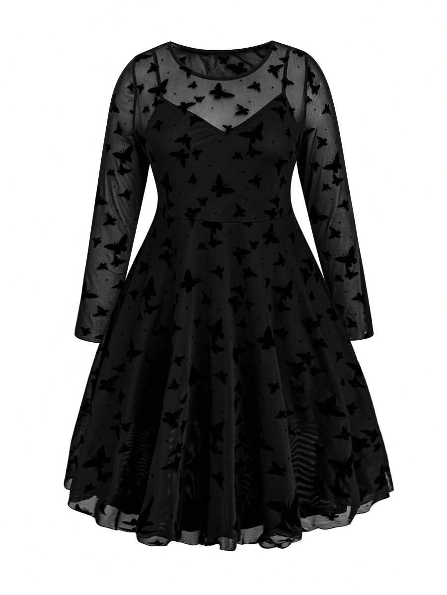 Calvaya Hơn In bướm Váy lưới che phủ - màu đen - Xem 1