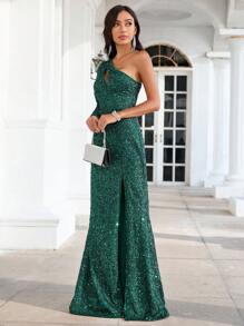 SHEIN Belle Một bờ vai Cắt ra Tách đùi Kim sa Ăn mặc trang trọng - Màu xanh lá cây đậm - Xem 6