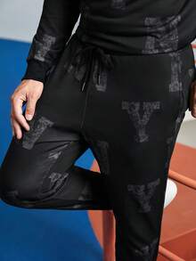 GENTILAND Men Letter Graphic Sweatshirt & Sweatpants - Black - View 5
