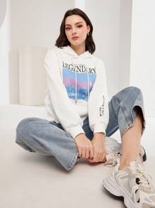 Mulvari Lettering And Architectural Kangaroo Pocket Drawstring Hooded Sweatshirt - White - View 3