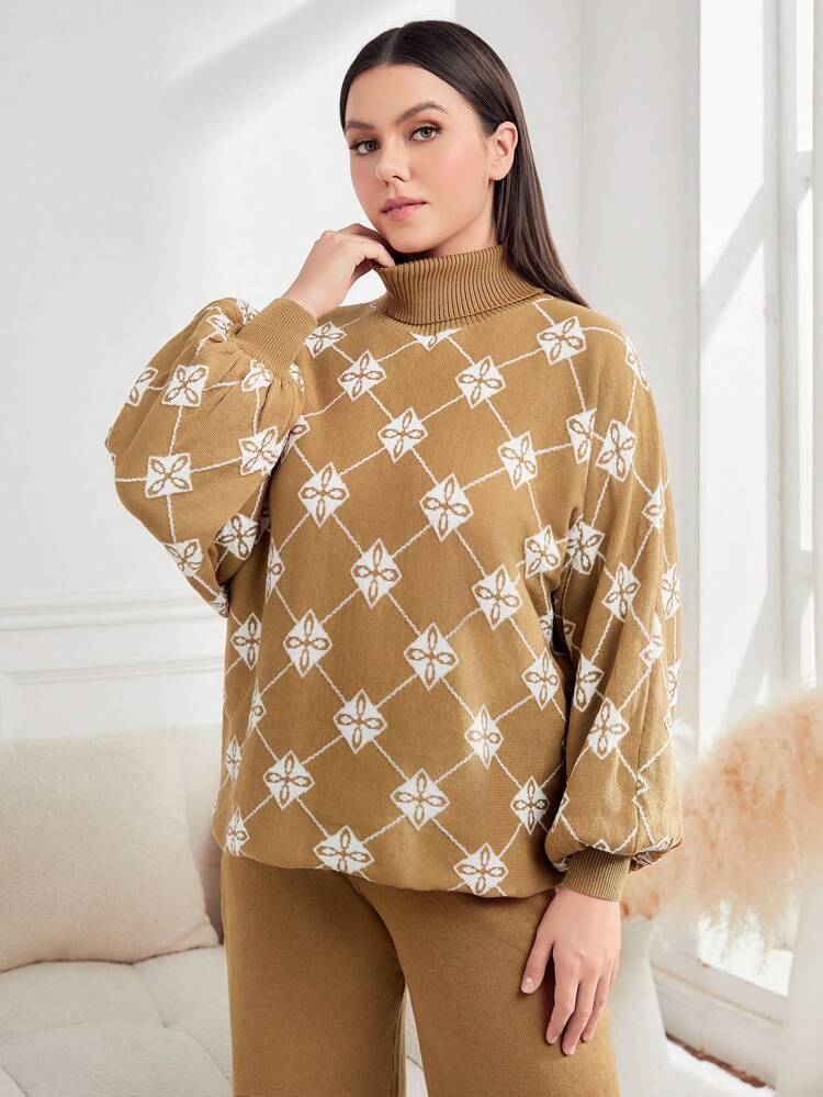 Plus Floral Pattern Turtleneck Drop Shoulder Sweater & Knit Pants 2 Piece Set