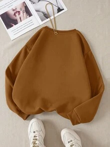 SHEIN Qutie 熊和標語圖案加絨內裏運動衫 - 棕色 - 查看 2