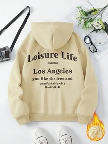 SHEIN Unity Áo hoodie có dây rút in khẩu hiệu thoải mái hàng ngày dành cho nữ, dáng rộng, vai trễ, túi , lót nhiệt, thu/đông - Màu be - Xem 3