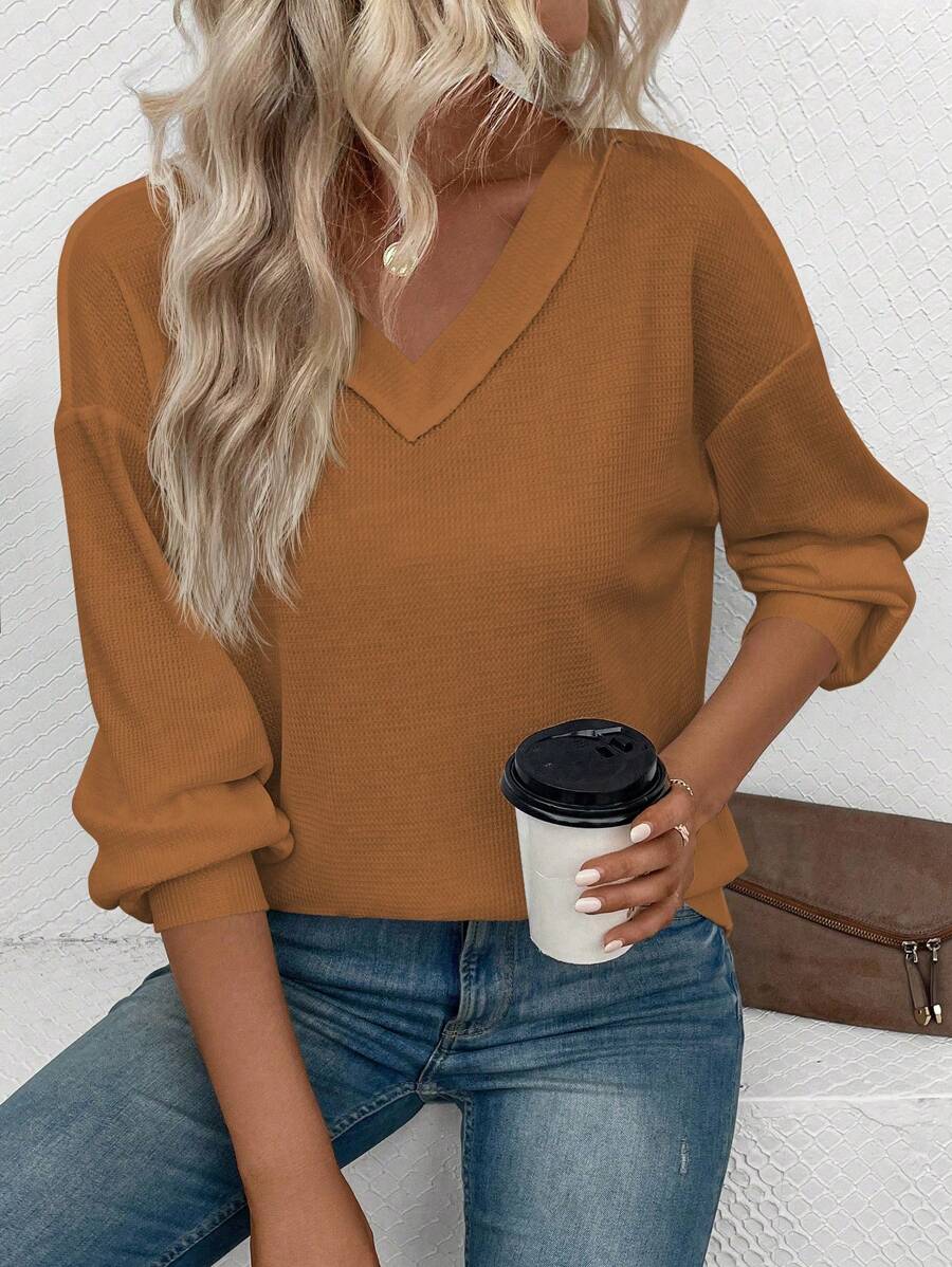 SHEIN LUNE 素色落肩袖V領運動衫 - 黃色 - 查看 1