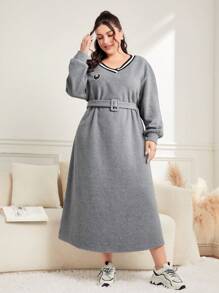 Mulvari Plus Patched Detail Drop Shoulder Belted Fleece Dress - Light Grey - View 6